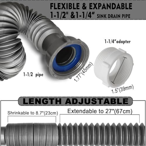 Flexible Expandable Double P-Trap Kit for 1 1/2" or 1 1/4" Double Bowl Sink Drain, Tube Pipes Kit Fit for Kitchen, Bathroom, Complete with Sealing Ring, Tape, and Tubing