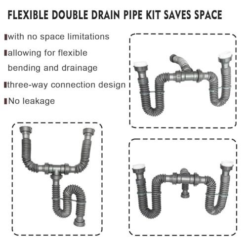 Flexible Expandable Double P-Trap Kit for 1 1/2" or 1 1/4" Double Bowl Sink Drain, Tube Pipes Kit Fit for Kitchen, Bathroom, Complete with Sealing Ring, Tape, and Tubing