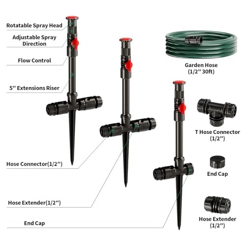 Flexible Sprinkler System, Above Ground DIY Irrigation Kit, Multi-Adjustable Lawn Sprinkler Set, Ideal for Plant and Flower Bed Watering, 30ft Garden Hose Included