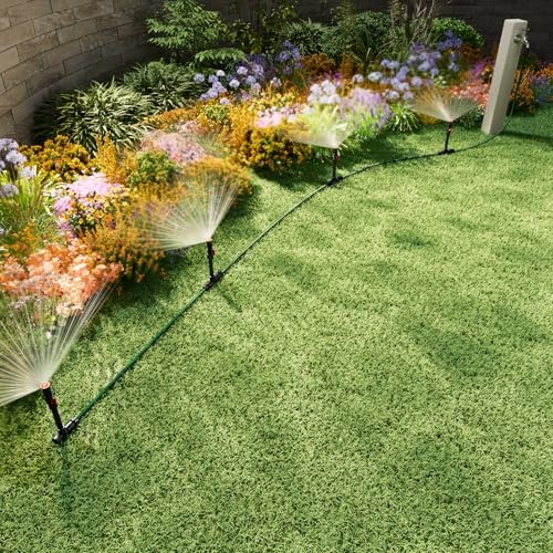 Flexible Sprinkler System, Above Ground DIY Irrigation Kit, Multi-Adjustable Lawn Sprinkler Set, Ideal for Plant and Flower Bed Watering, 50ft Garden Hose Included