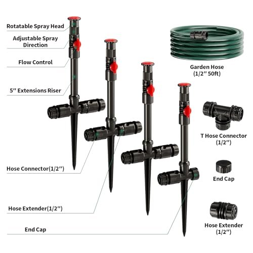 Flexible Sprinkler System, Above Ground DIY Irrigation Kit, Multi-Adjustable Lawn Sprinkler Set, Ideal for Plant and Flower Bed Watering, 50ft Garden Hose Included
