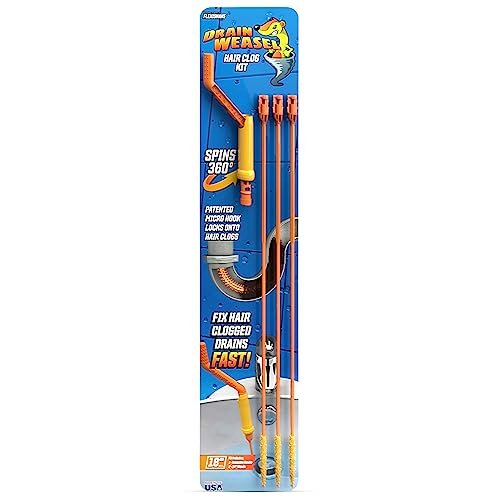 FlexiSnake Drain Weasel Sink Snake Hair Clog Remover Tool Kit, Sink, Pipe, Bathroom, Bathtub Drain Cleaner, 18-inch Long, Flexible, Made in The USA, 3 Pack Wand Refills and Removable Handle