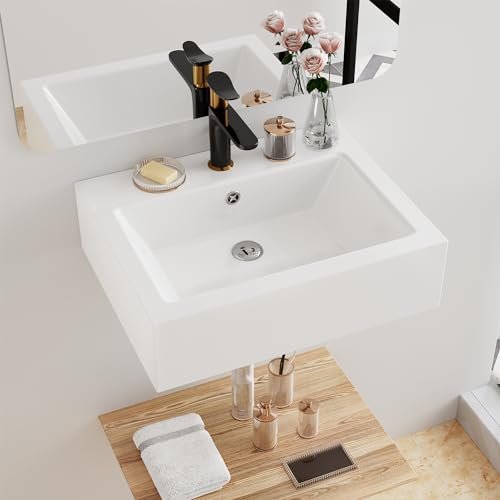 Floating Bathroom Vessel Sink Wall Mount, Hugsleek 20 x 16 inch Rectangle White Porcelain Ceramic Vessel Sink Wall Mounted Hang Bath Sink Bowl Basin Lavatory Vanity Restroom With Faucet Hole Overflow