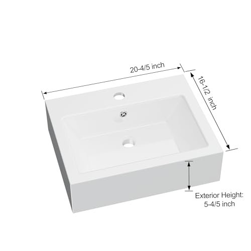 Floating Bathroom Vessel Sink Wall Mount, Hugsleek 20 x 16 inch Rectangle White Porcelain Ceramic Vessel Sink Wall Mounted Hang Bath Sink Bowl Basin Lavatory Vanity Restroom With Faucet Hole Overflow