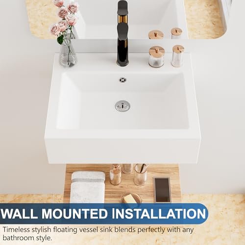 Floating Bathroom Vessel Sink Wall Mount, Hugsleek 20 x 16 inch Rectangle White Porcelain Ceramic Vessel Sink Wall Mounted Hang Bath Sink Bowl Basin Lavatory Vanity Restroom With Faucet Hole Overflow
