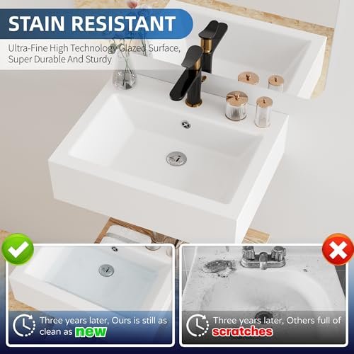 Floating Bathroom Vessel Sink Wall Mount, Hugsleek 20 x 16 inch Rectangle White Porcelain Ceramic Vessel Sink Wall Mounted Hang Bath Sink Bowl Basin Lavatory Vanity Restroom With Faucet Hole Overflow