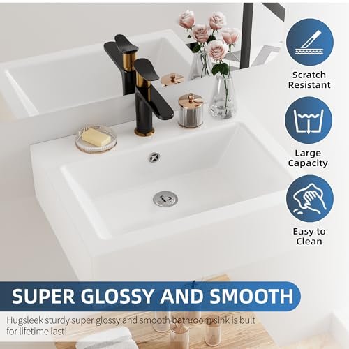Floating Bathroom Vessel Sink Wall Mount, Hugsleek 20 x 16 inch Rectangle White Porcelain Ceramic Vessel Sink Wall Mounted Hang Bath Sink Bowl Basin Lavatory Vanity Restroom With Faucet Hole Overflow