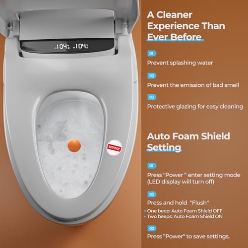 Foam Shield Smart Toilet with Bidet Built-in: Capacitive Foot Flush, Auto Lid & Seat & Flush, Hip & Female Clean, Heated Seat & Dryer, DIY & Standard Install