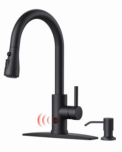 FORIOUS Black Touchless Kitchen Faucet with Soap Dispenser, Hands-Free, Smart Motion Sensor, Contemporary Bar Sink Faucet with Pull Down Sprayer for Farmhouse RV Camper