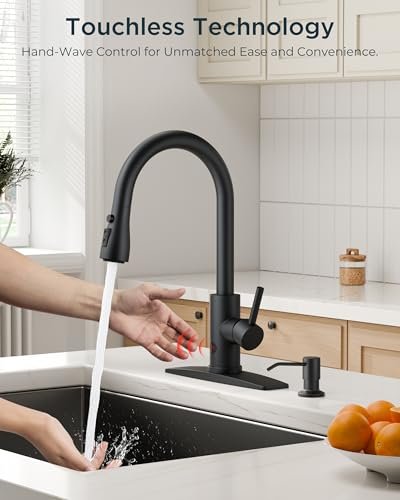 FORIOUS Black Touchless Kitchen Faucet with Soap Dispenser, Hands-Free, Smart Motion Sensor, Contemporary Bar Sink Faucet with Pull Down Sprayer for Farmhouse RV Camper