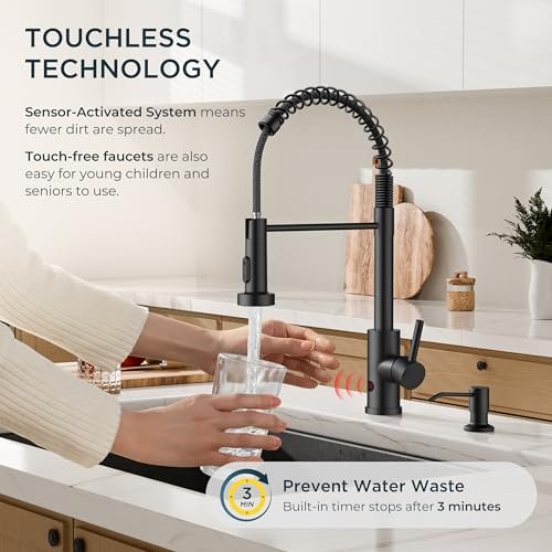 FORIOUS Black Touchless Kitchen Faucet with Soap Dispenser, Motion Sensor Activated Smart Sink Faucet with Pull Down Sprayer Single Handle Hands Free for Farmhouse Camper RV