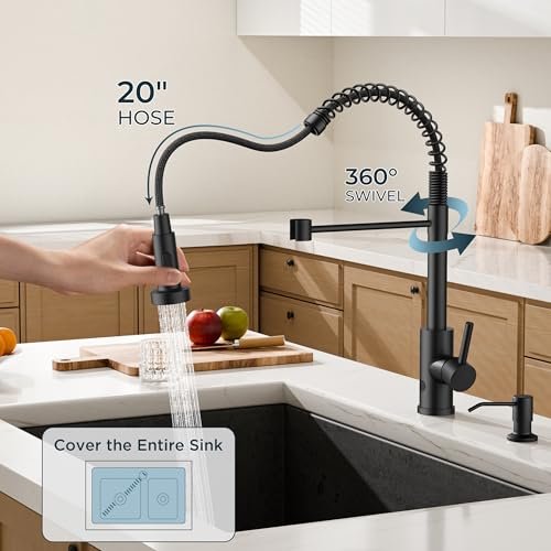 FORIOUS Black Touchless Kitchen Faucet with Soap Dispenser, Motion Sensor Activated Smart Sink Faucet with Pull Down Sprayer Single Handle Hands Free for Farmhouse Camper RV