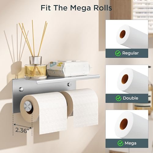 FORIOUS Double Toilet Paper Holder with Shelf, Wall Mount Tissue Roll Holder for Bathroom, 304 Stainless Steel Commercial Toilet Tissue Dispensers with Phone Shelf (1, Stainless Steel)