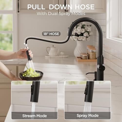 FORIOUS Kitchen Faucet with Pull Down Sprayer, Classic Matte Black, Single Handle High Arc Stainless Steel Kitchen Sink Faucet, 1 or 3 Hole Deck Mount for RV, Bar, Farmhouse, Laundry, Outdoor