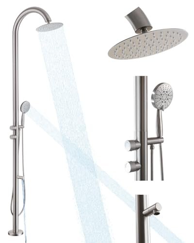 Free Standing Outdoor Shower Stainless Steel, 5-Function Nickel Shower Kit with 10''Rain Shower Head,Outdoor Shower Fixture for Backyard Beach Poolside,Floor Mounted