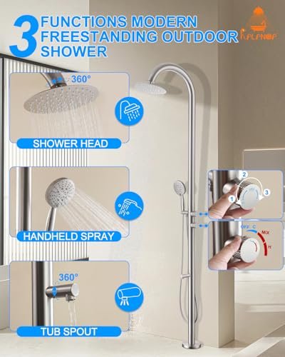 Free Standing Outdoor Shower Stainless Steel, 5-Function Nickel Shower Kit with 10''Rain Shower Head,Outdoor Shower Fixture for Backyard Beach Poolside,Floor Mounted