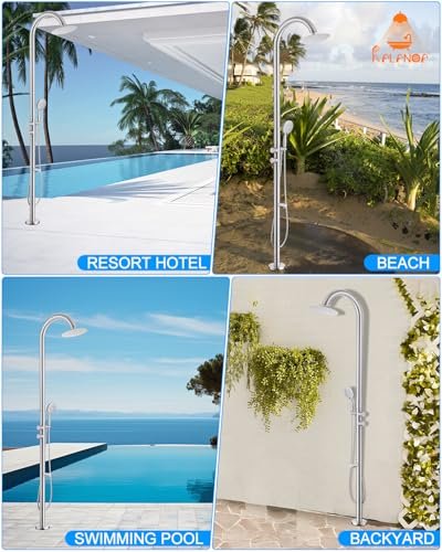 Free Standing Outdoor Shower Stainless Steel, 5-Function Nickel Shower Kit with 10''Rain Shower Head,Outdoor Shower Fixture for Backyard Beach Poolside,Floor Mounted