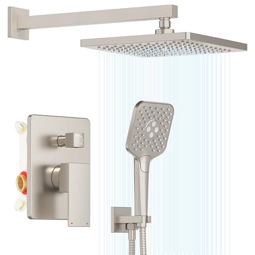 Gabrylly Shower System, Wall Mounted Shower Faucets Sets Complete for Bathroom with High Pressure 10" Rain Shower head and 3-Setting Handheld Shower Head Set, 2 Way Shower Valve Kit, Brushed Nickel