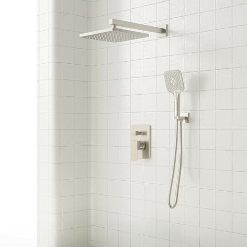 Gabrylly Shower System, Wall Mounted Shower Faucets Sets Complete for Bathroom with High Pressure 10" Rain Shower head and 3-Setting Handheld Shower Head Set, 2 Way Shower Valve Kit, Brushed Nickel