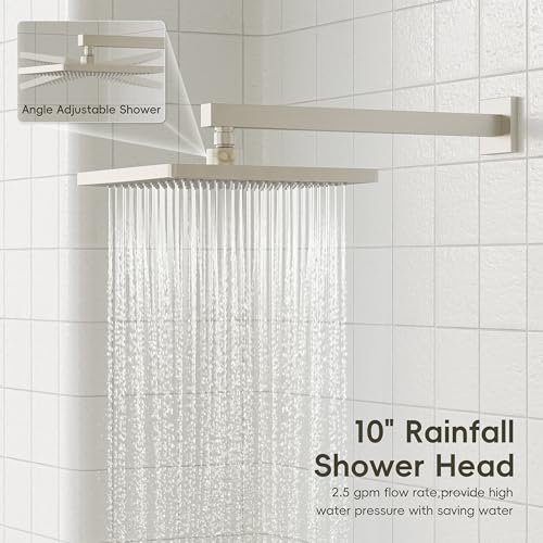 Gabrylly Shower System, Wall Mounted Shower Faucets Sets Complete for Bathroom with High Pressure 10" Rain Shower head and 3-Setting Handheld Shower Head Set, 2 Way Shower Valve Kit, Brushed Nickel
