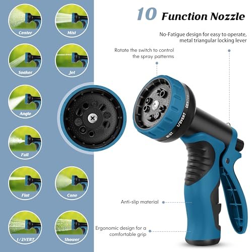 Garden Hose 100FT, Water Hose with 10 Function Nozzle, Garden Hose Metal with Leak-proof Connectors, No-Kink, Lightweight, Puncture-proof, Pet-proof, Sturdy, 550PSI, Hose for Outdoor, Yard