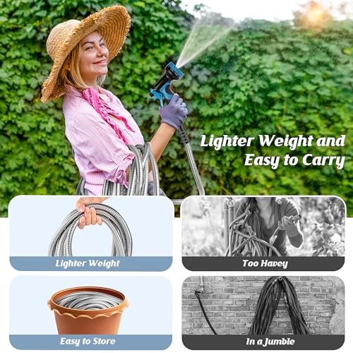 Garden Hose 100FT, Water Hose with 10 Function Nozzle, Garden Hose Metal with Leak-proof Connectors, No-Kink, Lightweight, Puncture-proof, Pet-proof, Sturdy, 550PSI, Hose for Outdoor, Yard