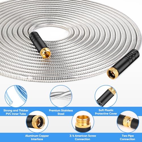 Garden Hose 50 FT, Metal Stainless Steel Water Hose with 10 Function Nozzles, No Kinks, Flexible Hose, Lightweight, Puncture Proof, Heavy Duty Hose for Yard and Outdoor