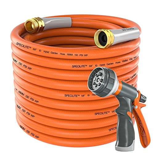 Garden Hose 50 ft x 5/8 in Heavy Duty, Flexible and Lightweight Water Hose, Burst 600 psi, Kink-less Hybrid Rubber Hose for Backyard, 3/4'' Brass Fittings