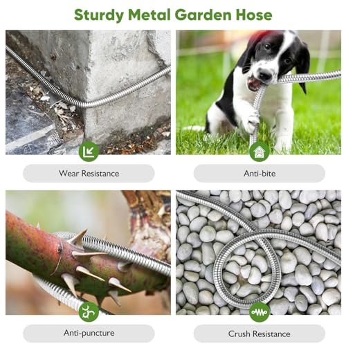 Garden Hose Metal 100FT, Stainless Steel Heavy Duty Water Hose With 10 Function Nozzle, No-Kink, Tough & Flexible, Sturdy and Lightweight, Rust Proof for Yard, Outdoor, RV