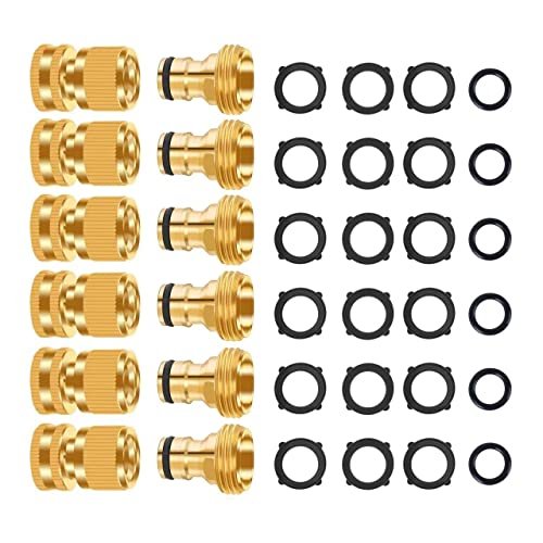 Garden Hose Quick Connector, No-Leak 3/4 Inch GHT Thread Fitting Water Hose Female Adapter and Male Adapter, Heavy-Duty Rust Resistant Brass Water Pipe Connect, Easy to Use (6 Pack ）