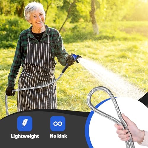 Garden Hose, Stainless Steel Metal Water Hose with 10 Function Nozzle, Lightweight Hose, No Kink, Leak-proof, Puncture Resistant for Yard, Outdoor, RV(25 ft)