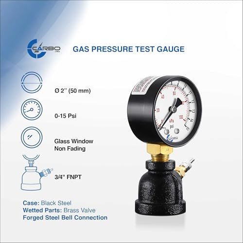 Gas Test Pressure Gauge 15 Pound, 15 PSI / 100 kPa, 3/4” FNPT Connection, Brass Valve, Forged Steel Bell Shape Body Assembly.