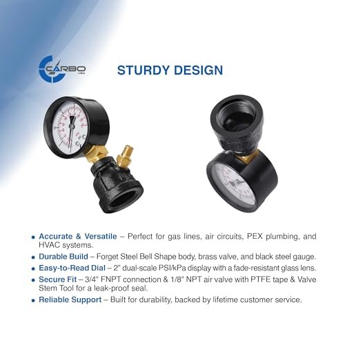 Gas Test Pressure Gauge 15 Pound, 15 PSI / 100 kPa, 3/4” FNPT Connection, Brass Valve, Forged Steel Bell Shape Body Assembly.