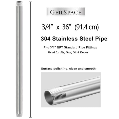GeilSpace 3/4" x 36" Stainless Steel Pipe, 304 Pipe Nipple Fits Standard 3/4 Inch Threaded Pipes and Fittings, DIY Industrial Metal tube (2 PCS)