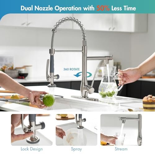 GIMILI Kitchen Faucet with Pull Down Sprayer Single Handle High Pressure Brushed Nickel Kitchen Sink Faucet Commercial Double-Headed Stainless Steel Kitchen Faucets Sink with Deck Plate