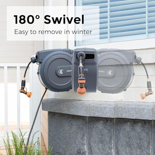 Giraffe Tools AW40 Retractable Hose Reel 5/8" x 90 ft Wall Mounted Garden Hose Reel Heavy Duty, Automatic Rewind, 180 Deg Swivel, Any Length Lock, 9 Pattern Nozzle, 90 ft, Dark Grey