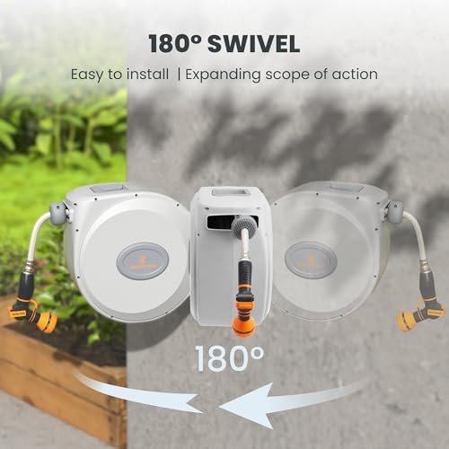 Giraffe Tools CW20 Retractable Garden Hose Reel 5/8" x 60 ft Heavy Duty Water Hose Reel, Swivel Bracket, Any Length Lock, Light Grey