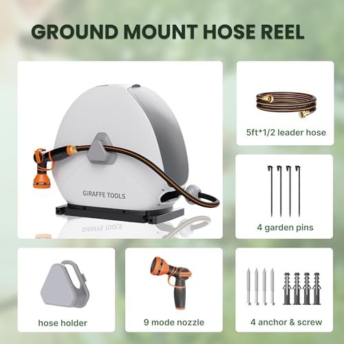Giraffe Tools Ground Mounted Retractable Hose Reel 1/2 Inch x 82FT, Heavy Duty Automatic Rewind Garden Hose Reel, with Flexible Swivel Base for Lawn, Concrete Floor