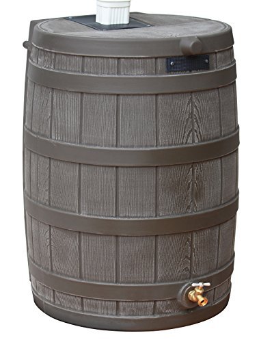 Good Ideas Rain Wizard Water Collection Plastic Barrel, Oak, 50 Gallon - Linkable Flat-Back Faux Wood Rainwater Catcher Storage Drum w/ Robust Metal Spigot & Fine Mesh Screen
