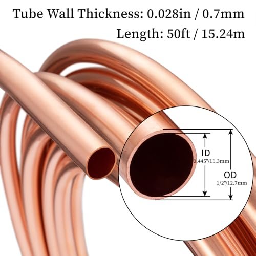 GOORY Copper Tubing 1/2" OD x 0.445" ID x 50 Ft - 99.9% C12200 Pure ACR Tube - ASTM B280 Refrigeration T2 Copper Tube Soft Coil - Round Seamless Tubing for Refrigerator HVAC System Industry DIY