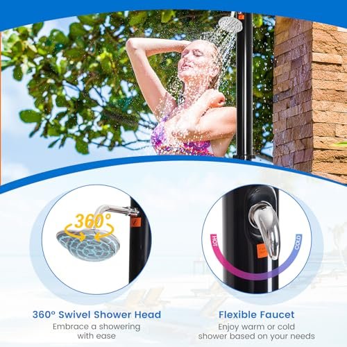 Goplus 5.3 Gallon Solar Heated Outdoor Shower, 7.2 FT Freestanding Garden Shower with 360° Swivel Shower Head & Temperature Adjustment, for Poolside Backyard Beach (Straight)