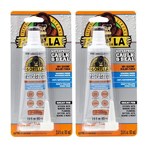 Gorilla 100% Silicone Caulk, Waterproof Sealant, 2.8oz Squeeze Tube (Pack of 2) – Clear -10 Year Mold Resistant Kitchen, Window, Bath, Marine, Door and More