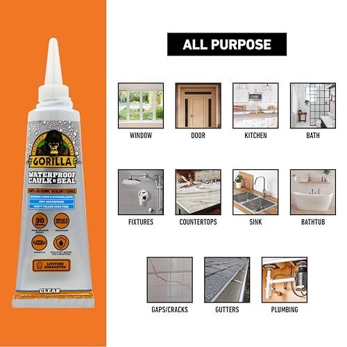 Gorilla 100% Silicone Caulk, Waterproof Sealant, 2.8oz Squeeze Tube (Pack of 2) – Clear -10 Year Mold Resistant Kitchen, Window, Bath, Marine, Door and More
