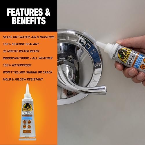 Gorilla 100% Silicone Caulk, Waterproof Sealant, 2.8oz Squeeze Tube (Pack of 2) – Clear -10 Year Mold Resistant Kitchen, Window, Bath, Marine, Door and More