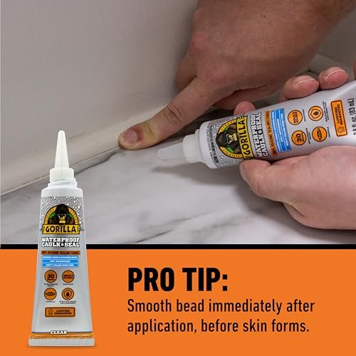 Gorilla 100% Silicone Caulk, Waterproof Sealant, 2.8oz Squeeze Tube (Pack of 2) – Clear -10 Year Mold Resistant Kitchen, Window, Bath, Marine, Door and More