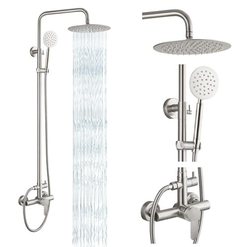 gotonovo SUS304 Outdoor Shower Fixture High Pressure Shower System Combo Wall Mount 2 Dual Function Shower Faucet Set Round Handheld Spray Brushed Nickel Single Handle