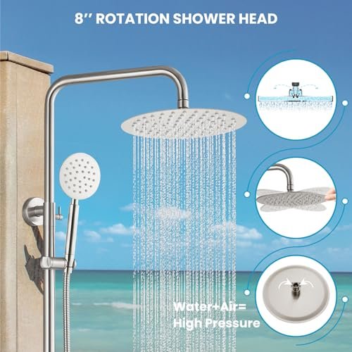 gotonovo SUS304 Outdoor Shower Fixture High Pressure Shower System Combo Wall Mount 2 Dual Function Shower Faucet Set Round Handheld Spray Brushed Nickel Single Handle