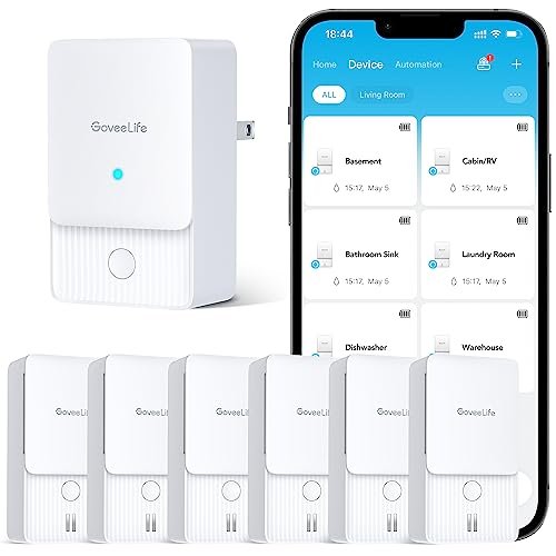 GoveeLife WiFi Water Leak Detector 2 for Home, Smart Water Ieak Sensor 6 Pack with 100dB Adjustable Alarm and App Alerts, LoRa Up to 1968ft Open-Air Transmission Range for Basement, Kitchen, Bathroom