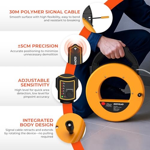 GOYOJO Pipeline Blockage Detector Locator for PVC & Metal Pipes – 30M Pipe Locators Underground Sewer Wall Scanner, Adjustable Sensitivity, IP67, Includes Transmitter & Receiver with Probe Accessories