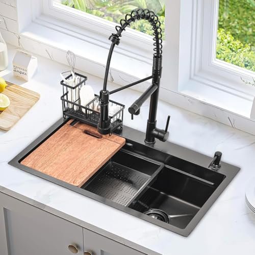 Gunmetal Black Kitchen Sink 30 Inch Modern Stainless Steel Drop in kitchen Sink Workstation Scratch Resistant Single Bowl Kitchen Sinks Farmhouse Deep with Faucet Combo